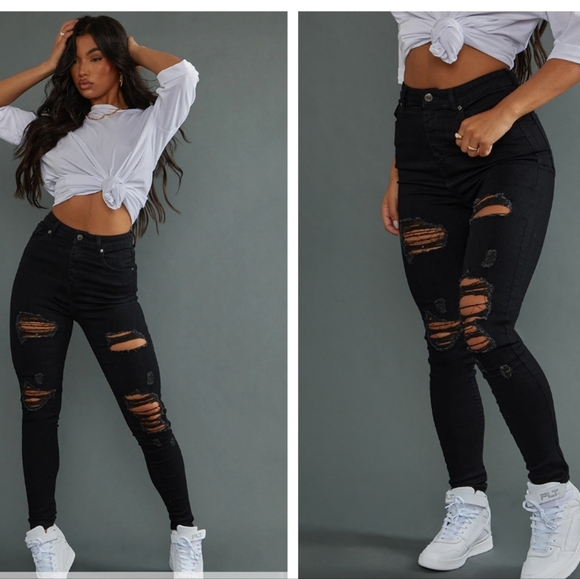 PrettyLittleThing Black Ripped 5 Pocket Skinny Jeans US 2 - Picture 1 of 16